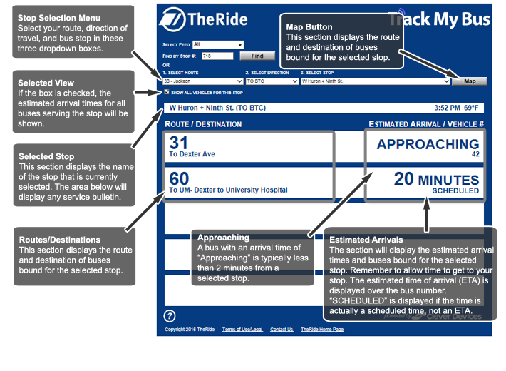 How do I use the Estimated Arrival Times Window?
Select the route, the route's direction of travel, and stop of interest to show estimated arrival times for your selected stop. To show arrival times for all routes through your selected stop, click the "Show All Buses For This Stop" checkbox.

Each line of the grid represents a bus predicted to arrive at your chosen stop. In addition to the bus's estimated arrival time, its route, final destination, and bus number are also included.

Remember to allow time to walk to your stop.