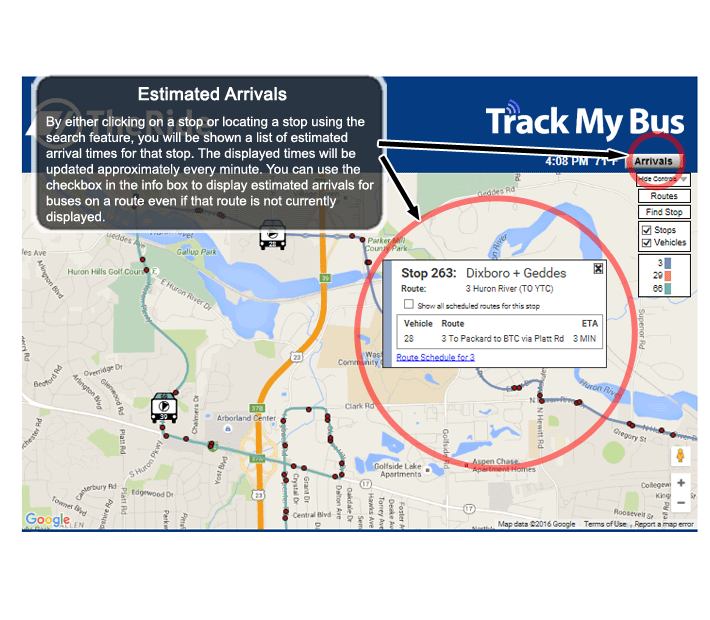 Estimated Arrivals - By either clicking on a stop or locating a stop using the search feature, you will be shown a list of estimated arrival times for that stop.  The displayed times will be updated approximately every minute. You can use the checkbox in the info box to display estimated arrivals for buses on a route even if that route is not currently displayed.