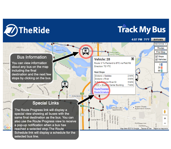 Bus Information - You can view information about any bus on the map including the final destination and the next few stops by clicking on the bus. Special Links - The Route Progress link will display a special view showing all buses with the same final destination as this bus.  You can also use that view to receive a pop-up notification when a bus has reached a selected stop. The Route Schedule link will display the TheRide schedule for the selected bus line.