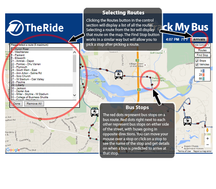 Selecting Routes - Clicking the Routes button in the control section will display a list of all the TheRide routes.  Selecting a route from the list will display that route on the map.  The Find Stop button works in a similar way but will allow you to pick a stop after picking a route.